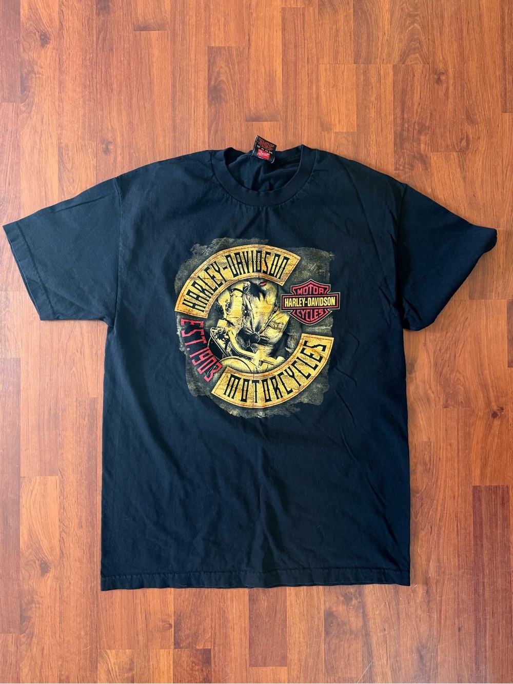 Harley-Davidson Black Tee with Yellow & Red Motorcycle Emblem